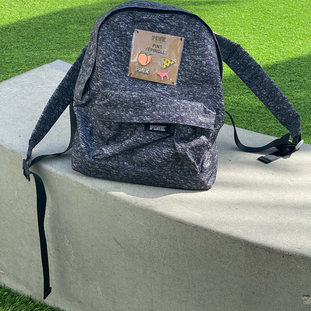 PINK Grey Mini Nylon Zippered Backpack w Collectible Enamel Logo Emoji Pins NWT - Picture 16 of 16